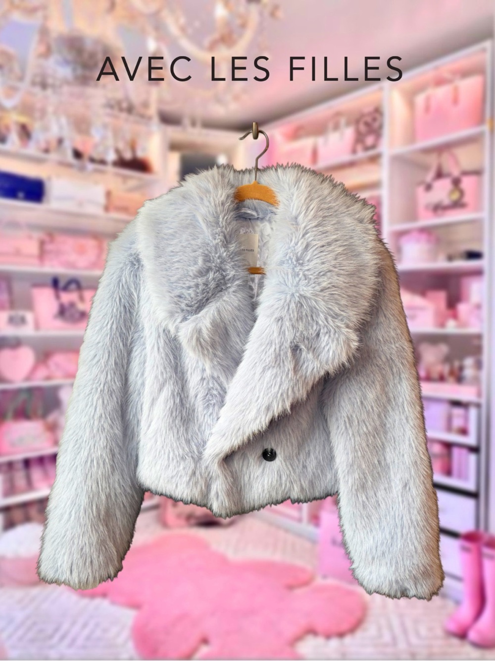 Avec Les Filles Blue-Grey Faux Fur Cropped Jacket w/pockets